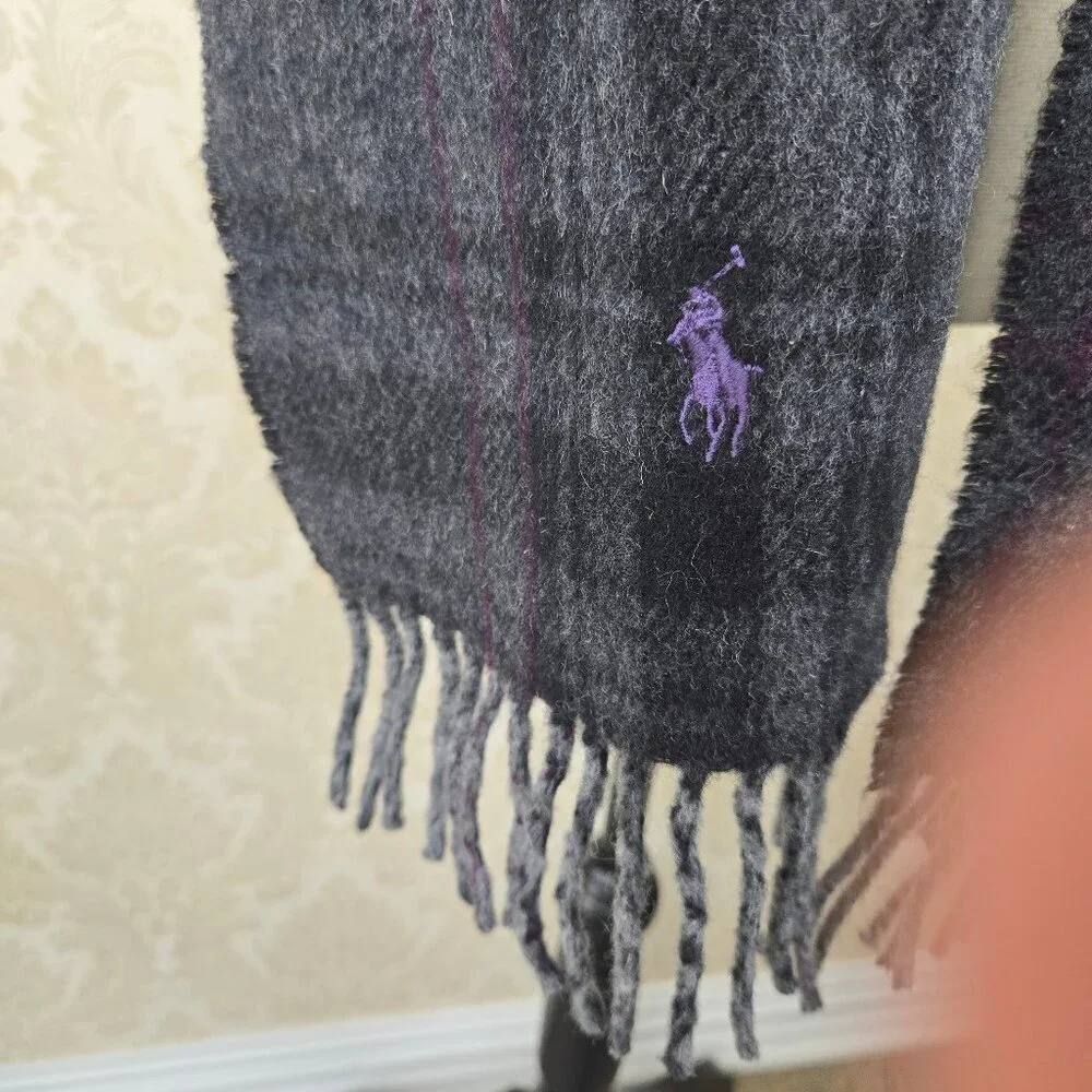 Polo Ralph Lauren Wool Blend Oblong Scarf Dark Gray Black Red Fringed Ends